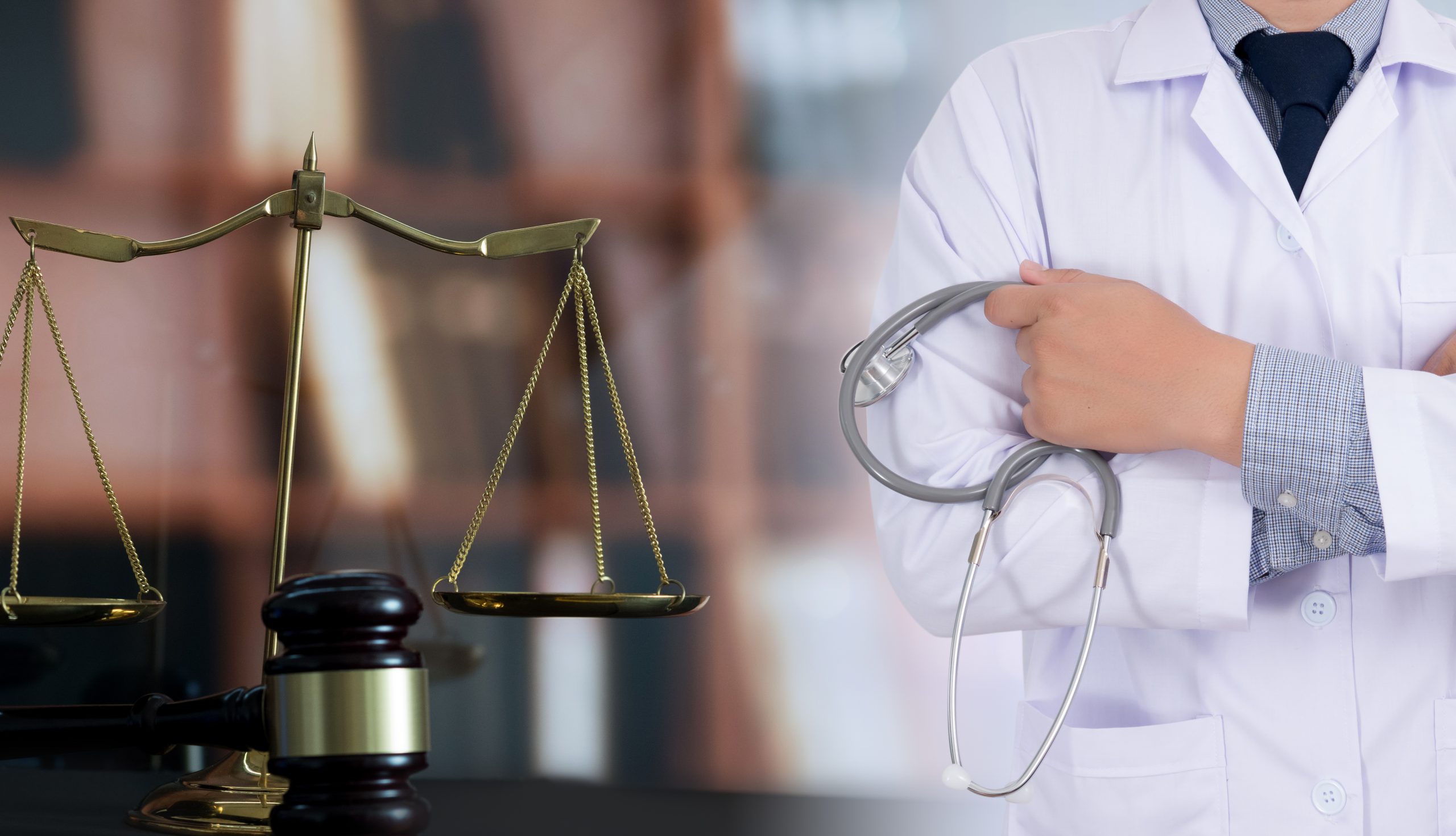scales of justice and doctor with stethoscope. Severe mental illness treatment options overview