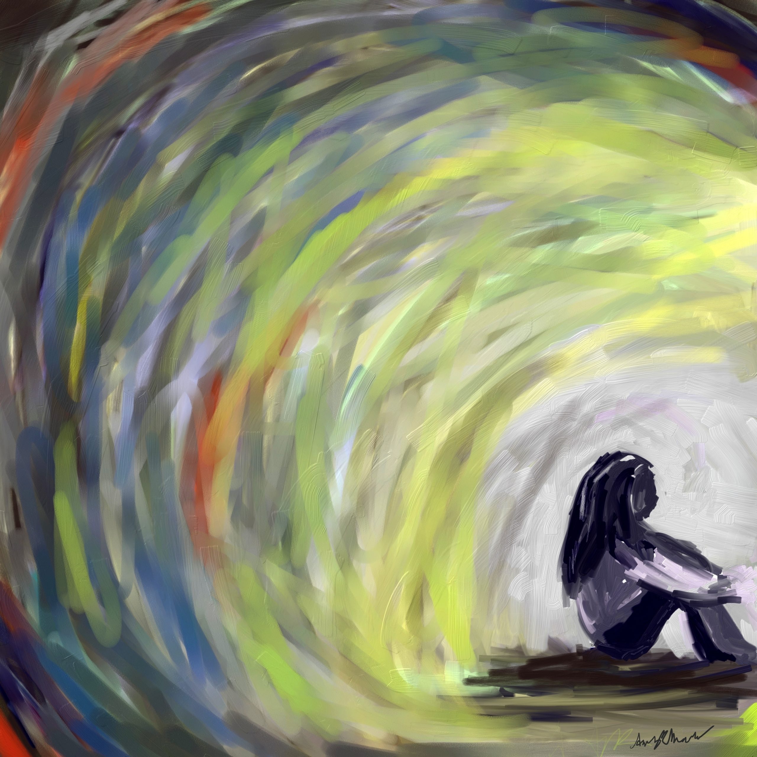 painted image: woman seated with flowing arcs of color. Symbolizes first episode psychosis awareness and early intervention