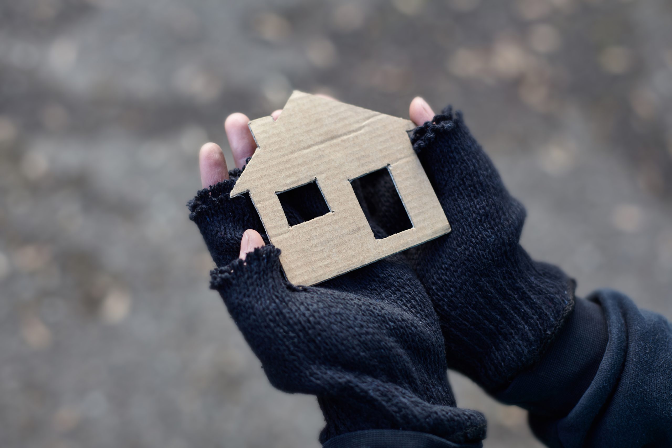 image of two hands wearing worn gloves, holding a cardboard cutout shaped like a house, symbolizing efforts to find housing options and advocate for individuals with severe mental illness