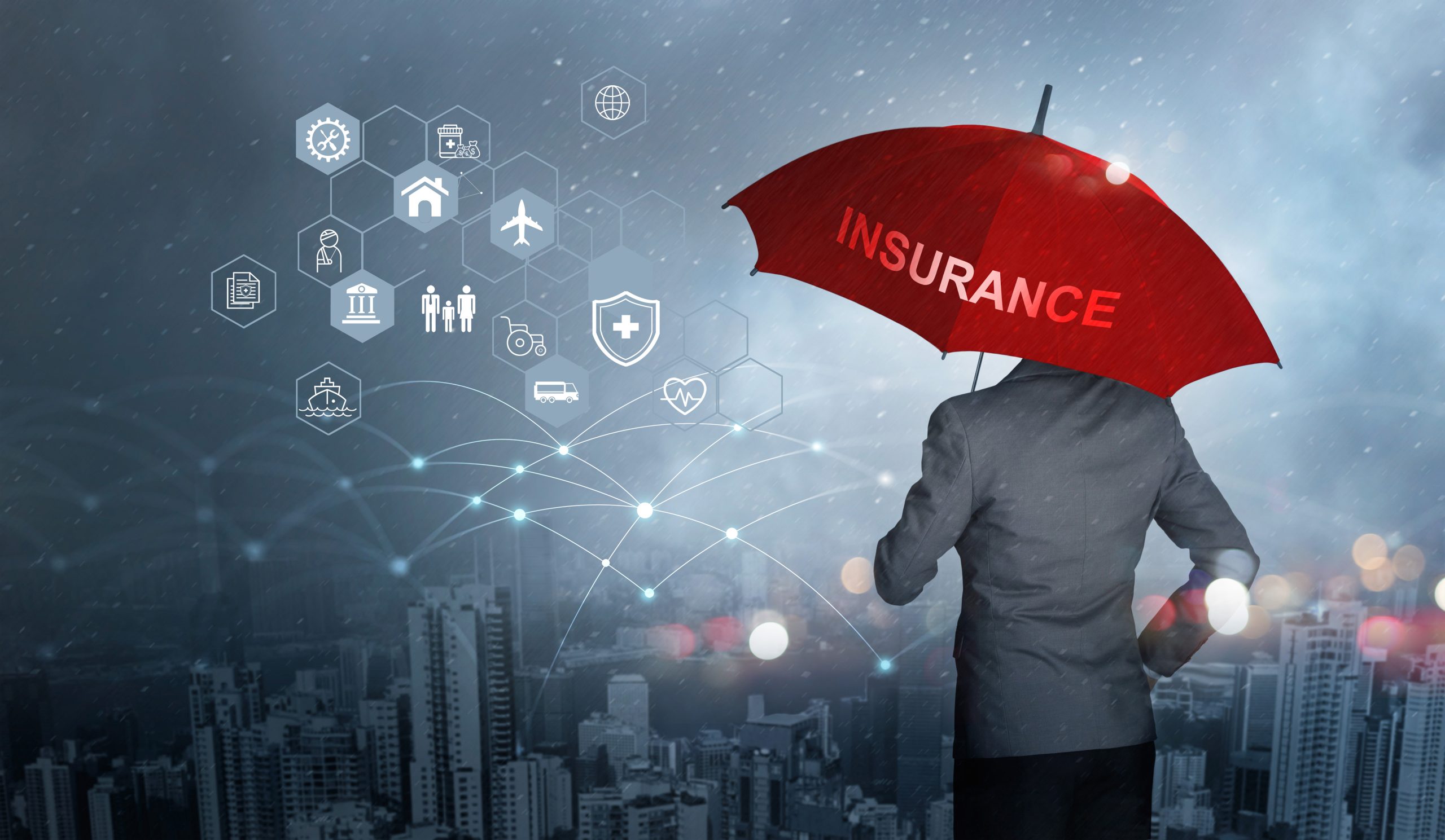 image of a person standing under a red umbrella labeled 'insurance,' overlooking a city skyline with icons representing health and social institutions, symbolizing the complexities of navigating insurance coverage for mental health care under federal parity laws