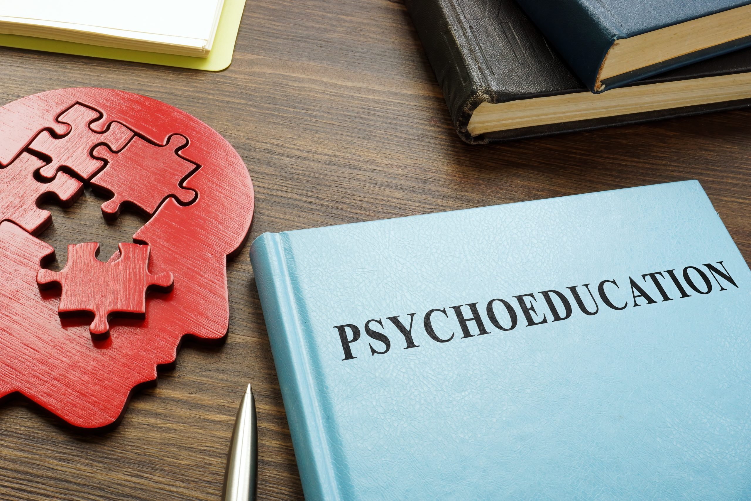 image showing a book titled 'Psychoeducation' next to a wooden head with jigsaw puzzle pieces inside, highlighting resources for education, training, and support tailored for individuals and families affected by severe mental illness