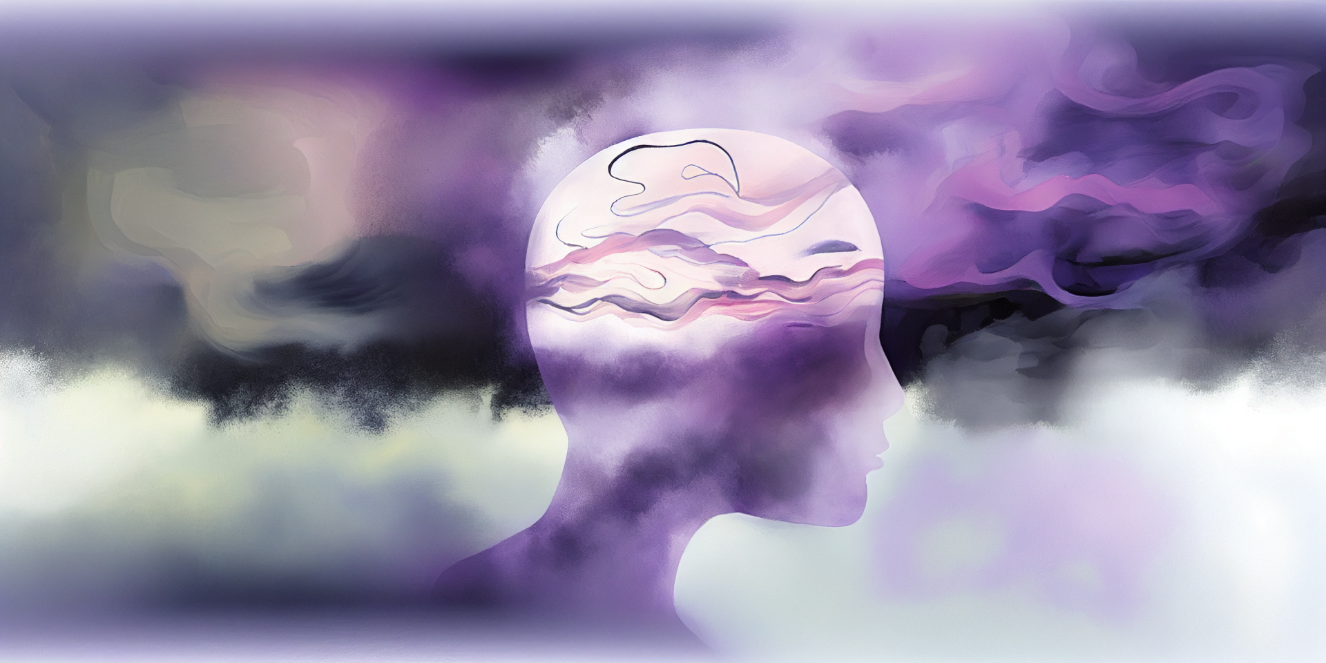 watercolor image of a head surrounded by clouds whose inside doesn't match the surroundings, symbolizing the lack of insight associated with anosognosia